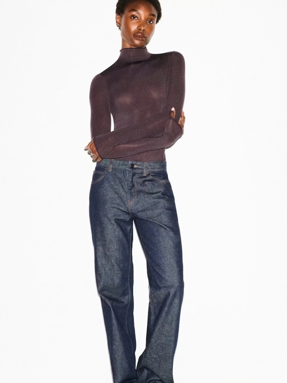 New Skims S Semi Sheer Phoenix brown turtleneck long sleeve layering bodysuit